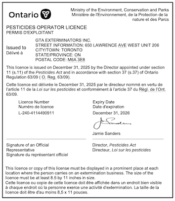 GTA Exterminators Pesticides Operator Licence L-240-4114490911 issued by the Ontario Ministry of the Environment, Conservation and Parks